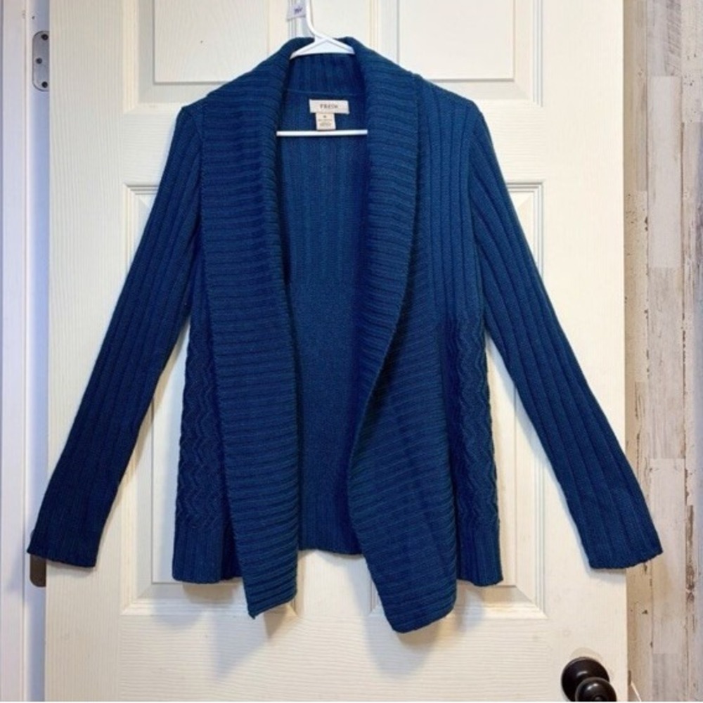 Fresh Cardigan Sweater Open Front Teal Blue Ribbed Cable Knit Medium‎